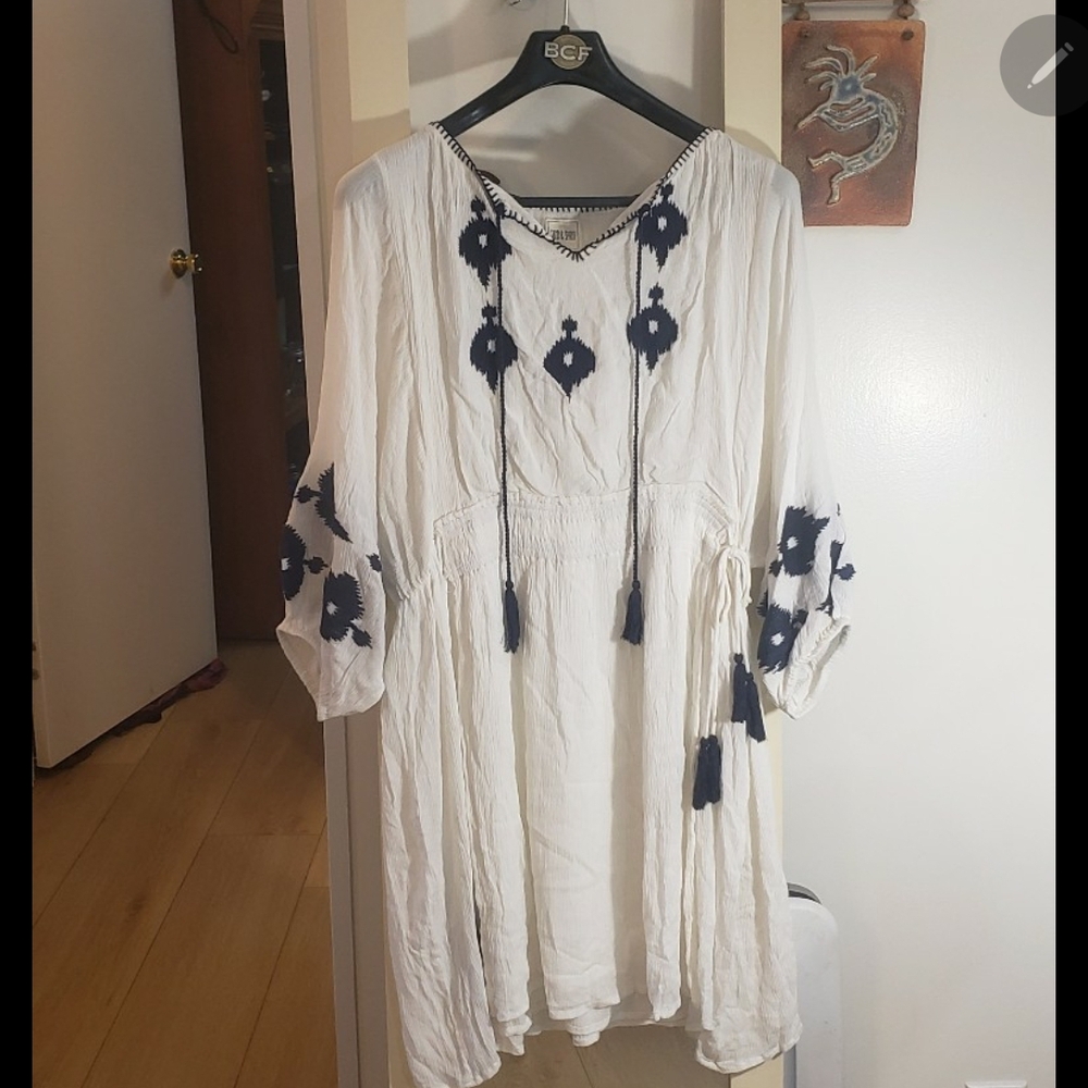 White Dress with Navy Embroidery